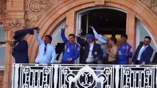India's Mixed Disability cricket team players waving their shirts in celebration on the Lord's balcony, recreating Sourav Ganguly's iconic 2002 moment