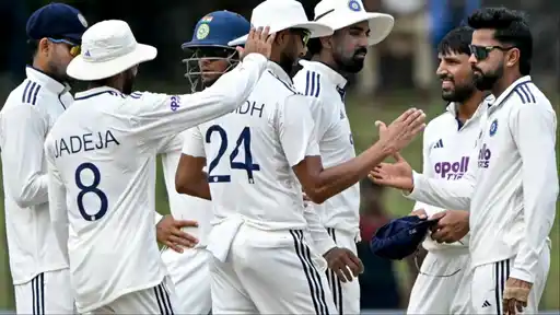 Team India players celebrate a wicket during the 2nd Test against Sri Lanka, a match that ended in a draw and shapes India's World Test Championship 2025-27 qualification hopes