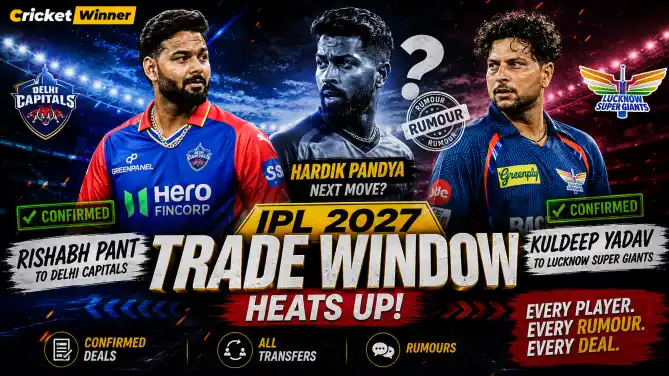 IPL 2027 trade window graphic showing Rishabh Pant to Delhi Capitals and Kuldeep Yadav to Lucknow Super Giants as confirmed deals, with Hardik Pandya's next move as a rumour