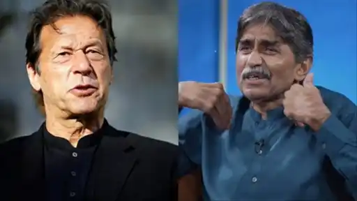 Imran Khan alongside Javed Miandad, who is seen gesturing emotionally during an interview calling for his former teammate's release