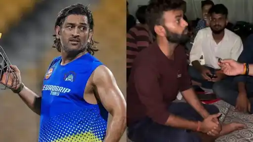 MS Dhoni (left) and Jharkhand students during ongoing paper leak protest in Ranchi (right)