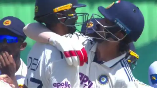 KL Rahul embraces and kisses Devdutt Padikkal on the field after his DRS review call proved correct in the SL vs IND 1st Test