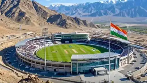 Conceptual render of Ladakh's proposed cricket stadium near Leh, surrounded by the Himalayan mountains, planned to be the world's highest cricket venue