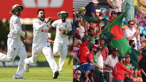 Mehidy Hasan Miraz celebrates a wicket as Bangladesh fans wave the national flag after their historic 9-wicket Test win over Australia in Darwin