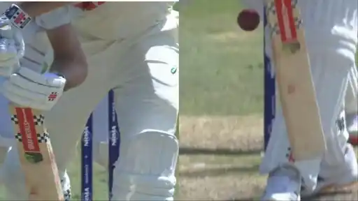 Close-up of Beau Webster's bat and pad as Mehidy Hasan Miraz's delivery beats him in the AUS vs BAN 1st Test in Darwin