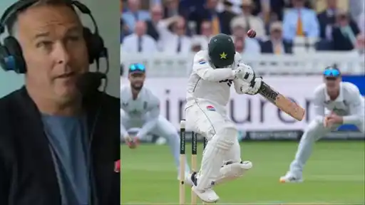 Michael Vaughan commentating alongside a Pakistan batter fending off a short ball during the 2nd Test at Lord's