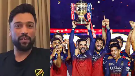 Mohammad Amir (left) speaks on his IPL 2027 plan; RCB players celebrate with the trophy (right)