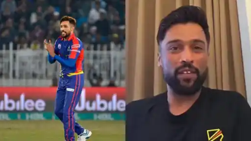 Mohammad Amir in Karachi Kings kit celebrating on the field, alongside a video still of him speaking during his shocking PSL 2027 overseas player statement