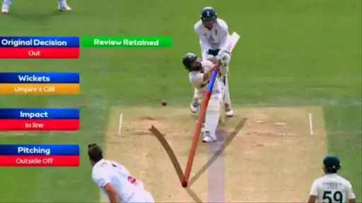 DRS review graphic showing Mohammad Rizwan's lbw dismissal upheld in Pakistan's second innings against England at Lord's