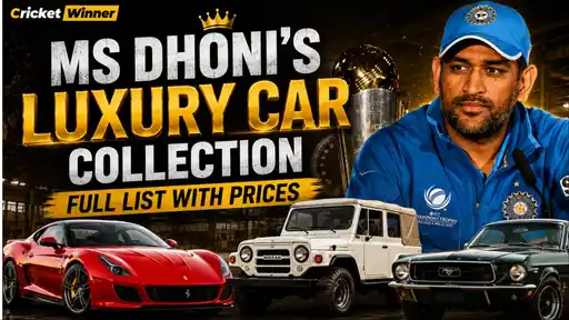 MS Dhoni poses with his luxury car collection including a Ferrari 599 GTO, Nissan Patrol, and Ford Mustang