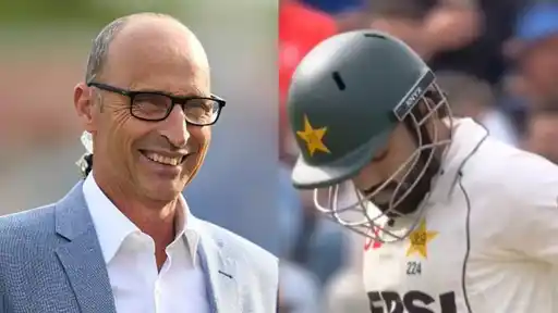 Nasser Hussain smiling in a studio shot next to Mohammad Rizwan looking dejected in his Pakistan kit after their loss to England