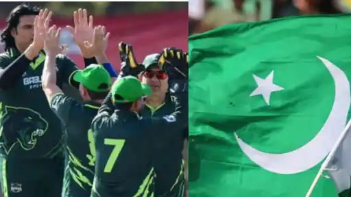 Former Pakistan players celebrate on the field alongside the Pakistan flag amid PCB's threat of a ban over an unsanctioned league