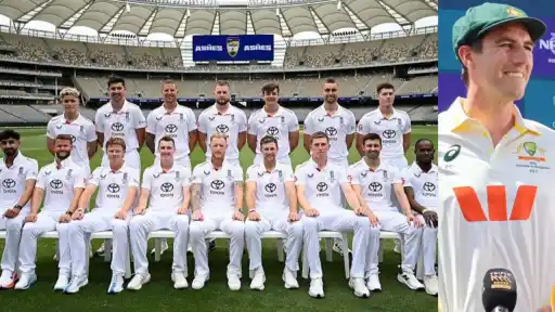 Pat Cummins speaking to reporters, with England's Test squad pictured, after his comment on England's Bazball approach