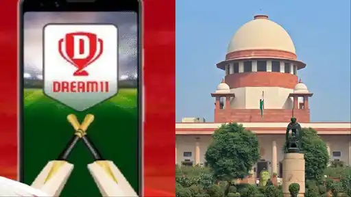Real-money gaming app on a smartphone beside the Supreme Court of India building, representing the final hearing on the PROGA ban challenge