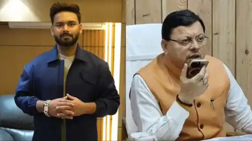 Rishabh Pant and Uttarakhand CM Pushkar Singh Dhami, pictured after Pant's viral midnight tweet saying he didn't get any land