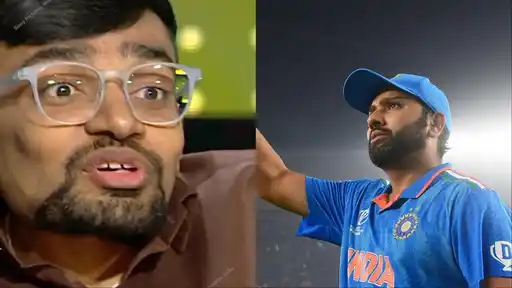 A visibly emotional fan speaks about Rohit Sharma's calm nature on KBC, alongside Rohit Sharma looking on during an India match