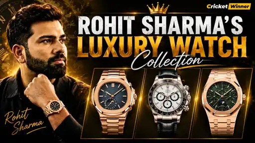Rohit Sharma poses wearing a luxury watch, alongside a graphic showcasing three timepieces from his personal collection