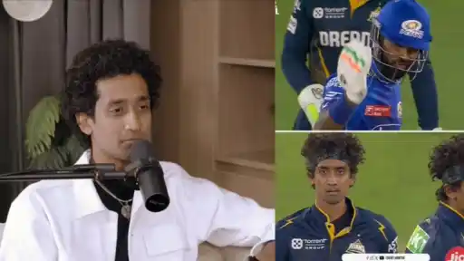 R Sai Kishore speaking on a podcast beside a split-screen clip of his heated stare-down with Hardik Pandya during the GT vs MI IPL 2025 match