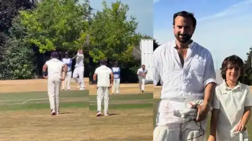 Saif Ali Khan bowling in a club cricket match near son Taimur's cricket academy in London