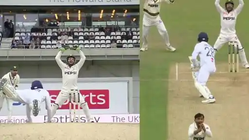 Mohammad Rizwan and Pakistan fielders in action during a chaotic fielding moment in the ENG vs PAK 1st Test at Headingley