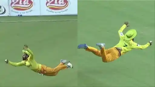 Shadab Khan takes a spectacular one-handed airborne catch during the National Champions Cup 2026 final