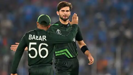 Shaheen Afridi and Babar Azam react during a Pakistan match amid ODI captaincy rumours