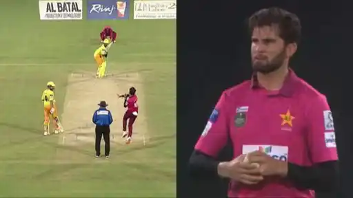 Shaheen Shah Afridi in his delivery stride against Pakistan Greens as he completes a hat-trick in the National Champions Cup 2026 final at Multan Cricket Stadium