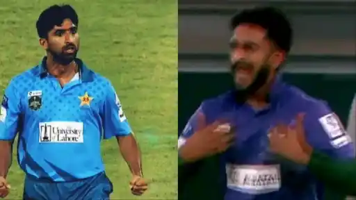 Shahnawaz Dahani celebrates by copying Hasan Ali's own celebration after taking his wicket in the National Champions Cup 2026