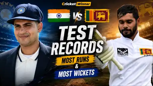 Shubman Gill and a Sri Lanka batter feature on a Cricket Winner graphic for India vs Sri Lanka Test records, most runs and most wickets