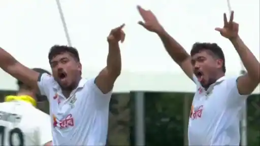 Taskin Ahmed roars and points skyward in a wild celebration after dismissing Cameron Green in the AUS vs BAN 1st Test in Darwin
