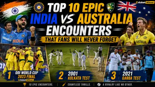 India and Australia players celebrate iconic moments from their greatest cricket rivalries, including the 2023 World Cup final, 2001 Kolkata Test, and 2021 Gabba Test