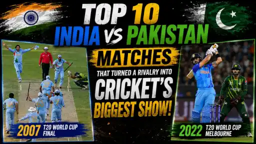 India vs Pakistan cricket rivalry collage — 2007 T20 World Cup Final win and Virat Kohli batting against Pakistan in 2022 T20 World Cup Melbourne