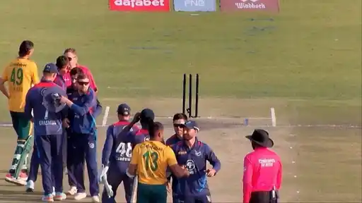Namibia players celebrate after beating South Africa by 18 runs in the 1st T20I of the Tri-Series 2026