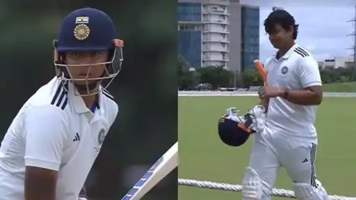 Vaibhav Sooryavanshi in his batting stance and walking off the field during his 92-run knock for East Zone against Central Zone in the Duleep Trophy 2026
