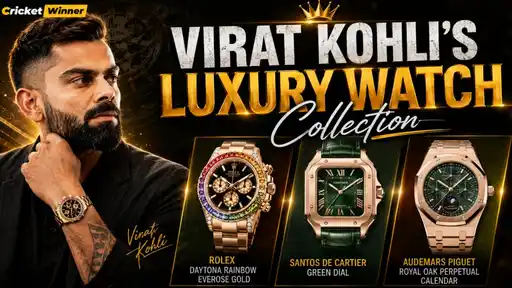 Virat Kohli's luxury watch collection featuring a Rolex Daytona Rainbow, Santos de Cartier, and Audemars Piguet Royal Oak Perpetual Calendar