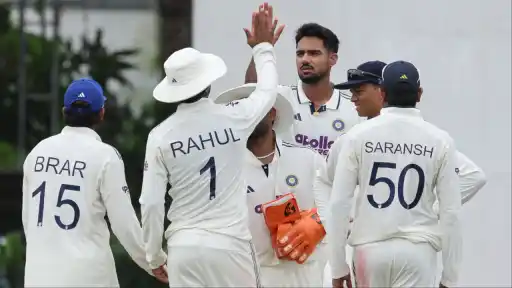 Team India players celebrate a wicket during a Test match as they eye WTC 2025-27 final qualification