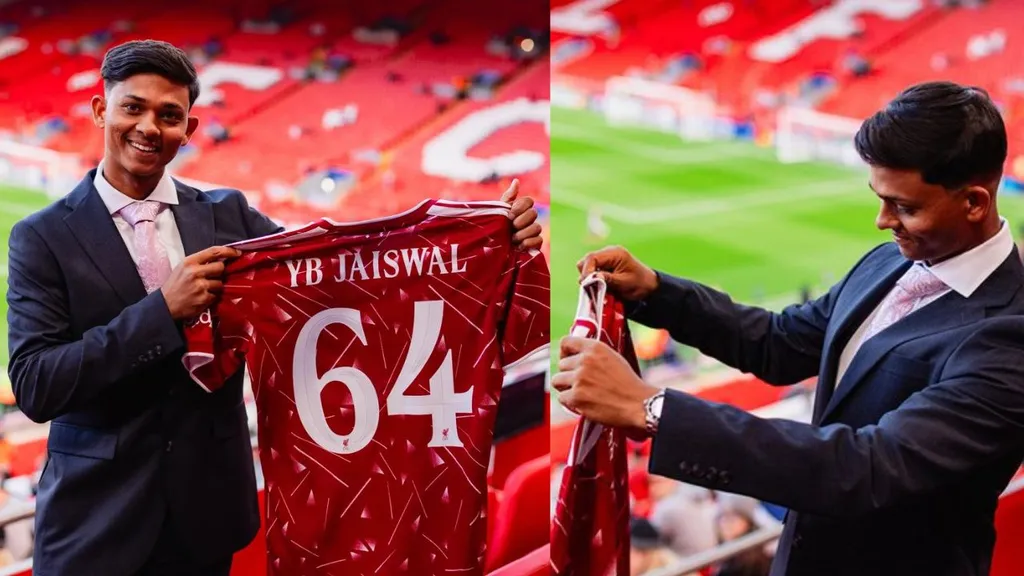 Yashasvi Jaiswal poses with personalised Liverpool 2026 jersey at Anfield ahead of AFG vs IND series