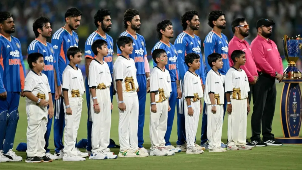 India men's cricket team lineup ahead of the national anthem, amid reports of a jersey sizing issue before their Asian Games 2026 departure