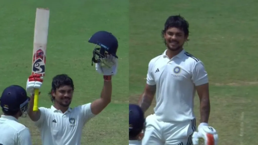 Ishan Kishan raises his bat and helmet to celebrate his double century for East Zone against South Zone in the Duleep Trophy 2026 final