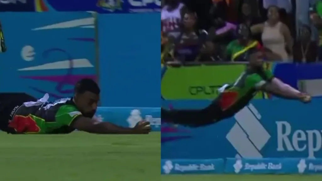 Navin Bidaisee stretches out fully airborne to complete a stunning catch and dismiss Quinton de Kock in CPL 2026