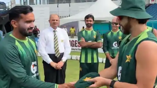 Salman Agha handing Ali Usman his Pakistan Test debut cap in viral video before both were dropped from squad