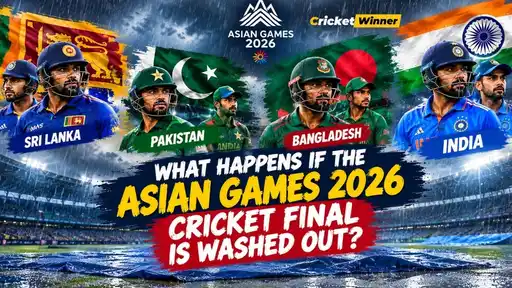 Covers over the pitch and rain clouds at the Asian Games 2026 cricket venue, with players waiting as the final is delayed by rain.