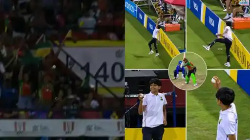 Ball-boy leaps to take a stunning one-handed catch during a CPL 2026 match, sending the crowd into celebration