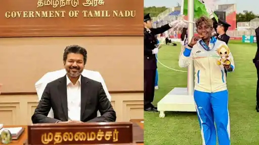 Tamil Nadu Chief Minister Vijay felicitates cricketer G Kamalini and presents her a ₹75 lakh reward after India women's Asian Games gold.