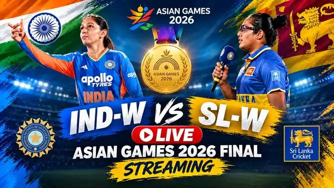 IND-W vs SL-W Asian Games 2026 cricket gold medal final live streaming poster featuring Harmanpreet Kaur and Chamari Athapaththu