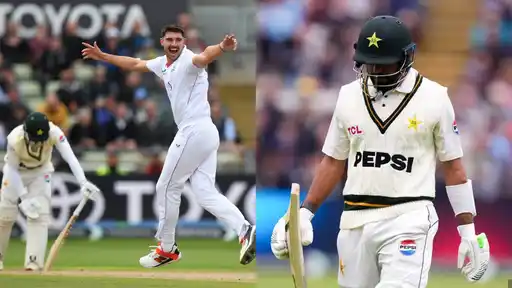 England bowler celebrates a wicket as Pakistan batter walks back dejected after being bundled out for 133