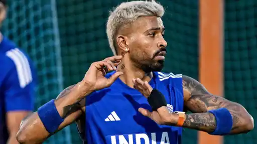 Hardik Pandya stretches during training after being named in India A squad vs Australia A
