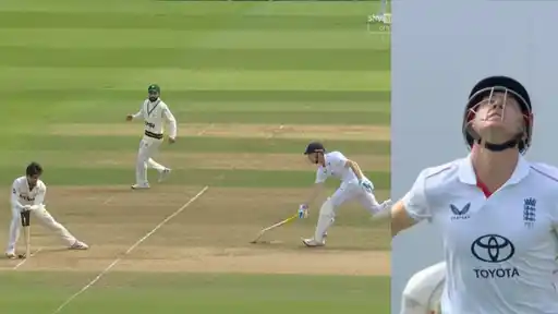 Harry Brook is run out at the crease after Shan Masood's direct-hit throw during the 3rd Test vs England