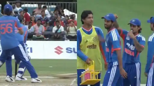 India batter and fielder on the pitch, and India players huddled together during a break in the T20I vs Japan