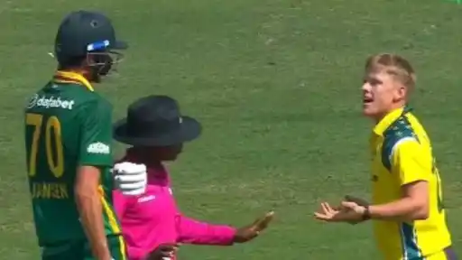Marco Jansen and Nathan Ellis in a heated exchange during the SA vs AUS 1st ODI at Kingsmead, Durban